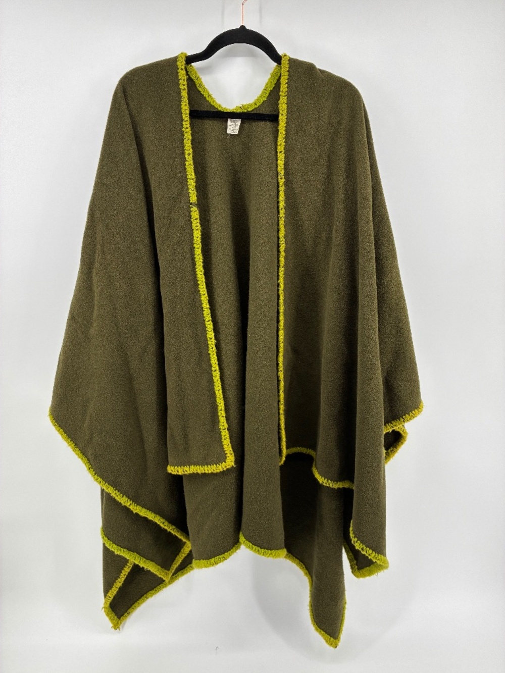 Wool Blend Olive Green Hooded Poncho with Lime Trim Made in Italy